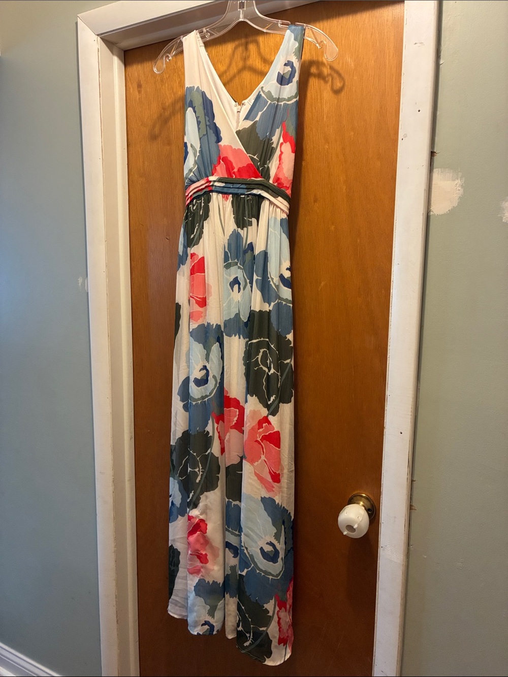 Motherhood Floral V-Neck Maxi Dress in White with Blue & Pink Blooms sz S